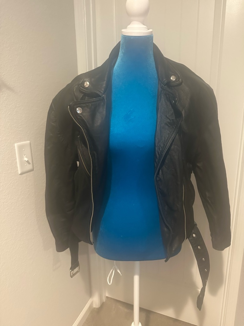 Black Leather Moto Jacket with Belt and Deep Inside Pocket